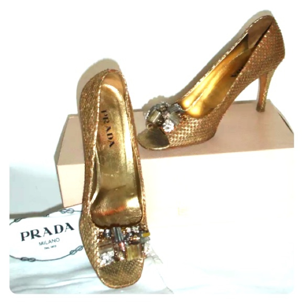 Prada Gold Metallic Python Open Toe Heels Size 37 - image 1